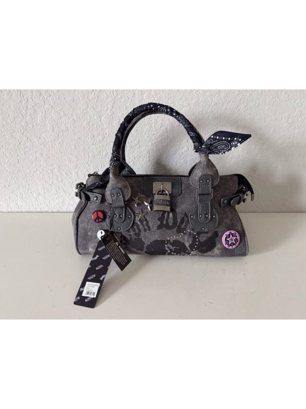 Von Dutch Bree Satchel Bag Purse Black Gray Bling Logo Y2K Biker Boho VIRAL NEW